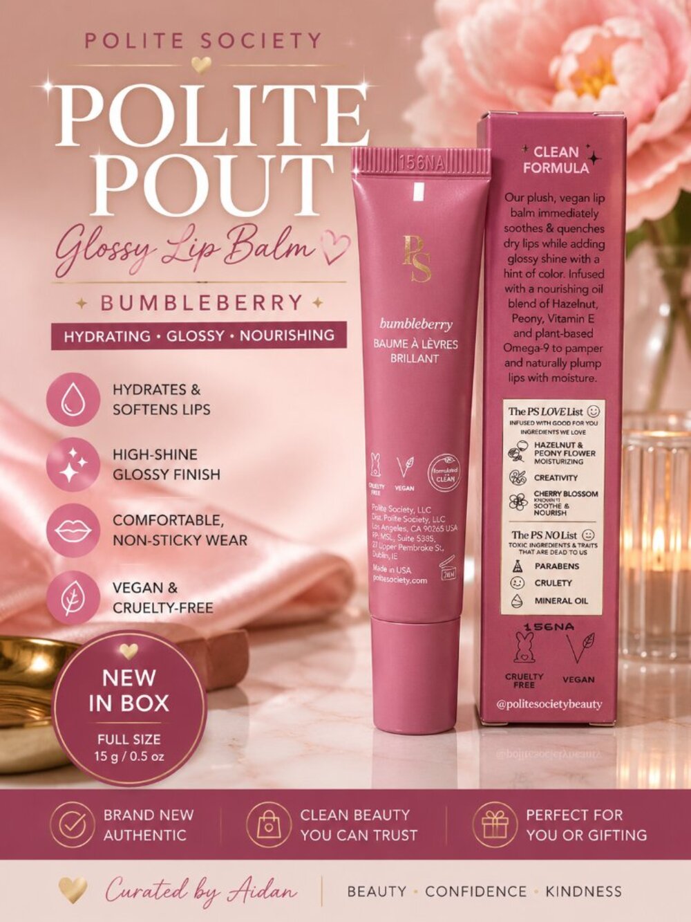 Polite Society Polite Pout Glossy Lip Balm Bumbleberry Full Size NIB Vegan